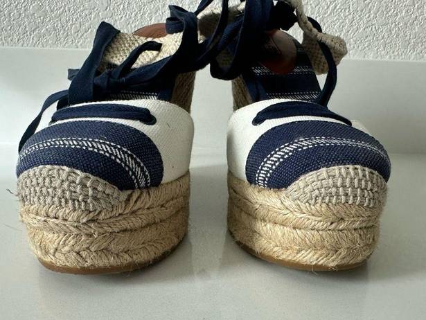 Coach  Fern Navy/Tan/Chalk Ankle Wrap Espadrille Platform Wedges Size 7