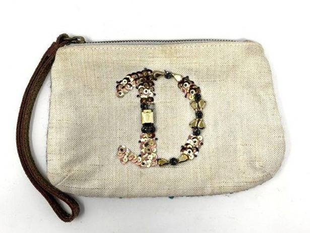 Anthropologie Miss Albright Initial D Jeweled Sequins Canvas Tweed Wristlet