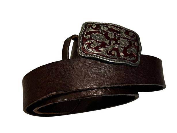 Gap  Brown Leather Ladies Belt, Red Enameled Floral Buckle, Sz S