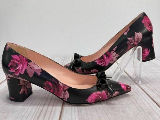 Kate Spade  Black and Pink Rose Floral Block Heel Pumps with Bow Size 6.5M