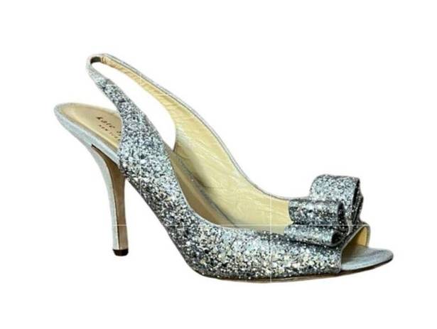 Kate Spade  Shoes Silver Glitter Bow Accent Slip On Peep Toe Slingback Pump Heels