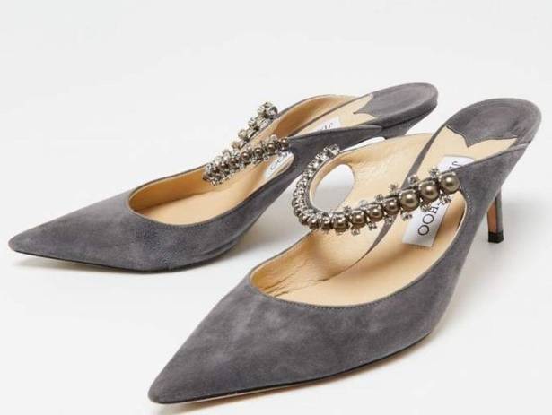 Jimmy Choo  Grey Suede Bing Crystal Embellished Mules Size 37