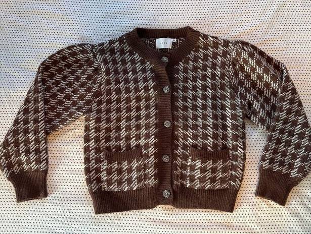 Lush Clothing LUSH Danah Pocketed Crop Houndstooth Cardigan Jewel Buttons