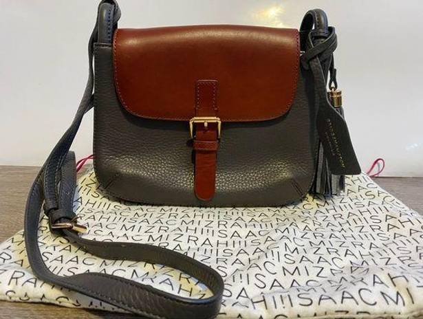 Isaac Mizrahi NWOT  pebbled leather charcoal/brandy crossbody bag