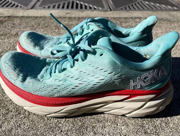 Hoka ONE ONE Womens Clifton 8 Mesh Aquarelle Eggshell Blue Running Shoes