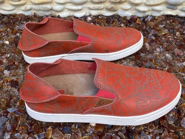 Olukai  Pehuea Lau Paprika Leather Lei Drop in Heel Easy On/Off Slip On 6.5 EUC!