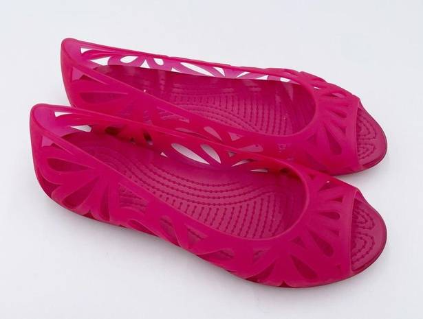 Crocs  Women's Adrina III Peep Toe Flats Slip Ons Bright Pink Jelly Shoes Size 8