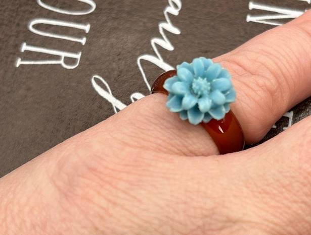 Daisy Baby Blue  Floral Brown Agate Bohemian Size 7 Ring