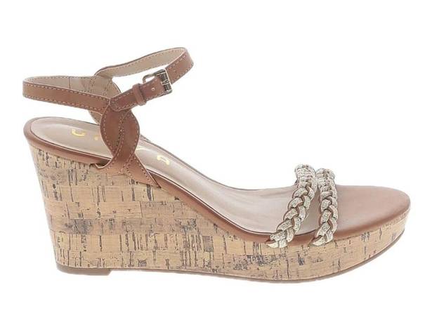 Unisa  Tan and Gold Braided Wedge Cork Heels