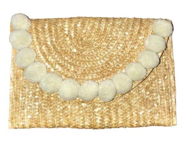 Shiraleah Fortuna Wheat/Cream Straw Raffia Envelope Pom Pom Clutch Bag