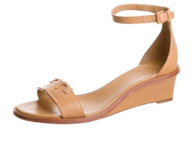 Tory Burch  Marcia WEDGW NEUTRAL TAN LEATHER Ankle Strap Small Wedge 7.5 M EUC