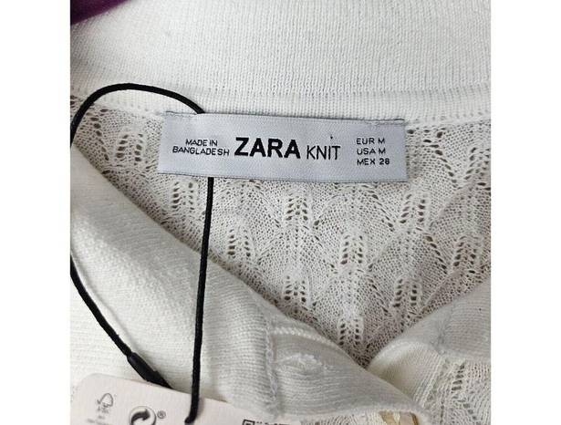 ZARA Knit Pointelle White Eyelet Long Sleeve Polo Top Women’s Medium NWT