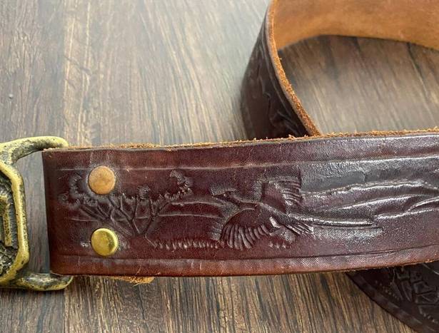 Vintage brown tooled leather western brass clasp belt