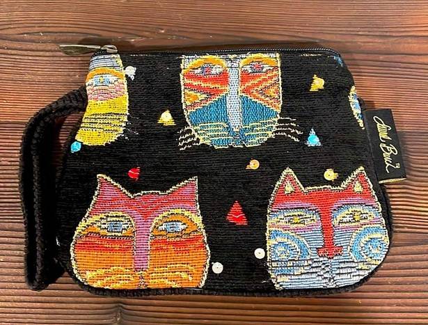 Feline Laurel Burch NWOT  Faces Colorful Tapestry Black Sequin Cat Wristlet