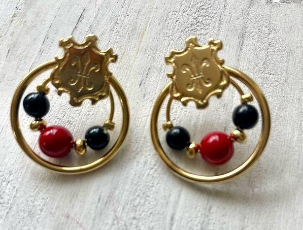 Black Bead Gold tone red and  post earrings