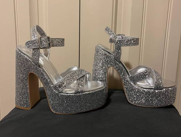 Bamboo Platform Silver Sparkly Heels