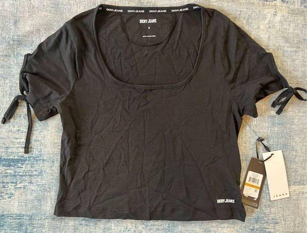 DKNY NWT!  Jeans Black Cropped Tie Sleeves Deep Scoop Neck Short Sleeve Tee Small