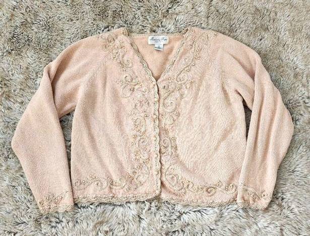 Kimberly  Hope Vintage Knit, Embroidered, and Beaded Cardigan Sweater Beige Med