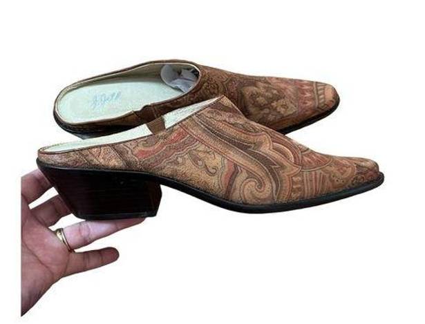 J.Jill Vintage  Brown Paisley Print Stacked Low Heel Suede Western Mules Size 7M