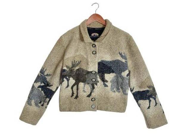 Krass&co VTG County Clothing . Tan/Black Moose & Bears Fleece Button Front Crop Jacket
