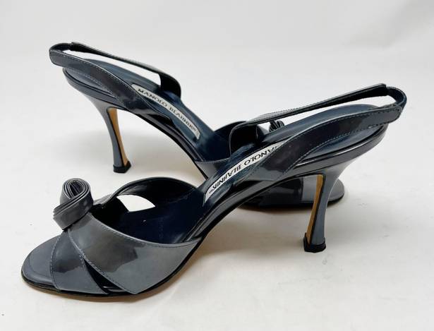 Manolo Blahnik Patent Leather Slingback Sandal Heels Gray Size 5.5