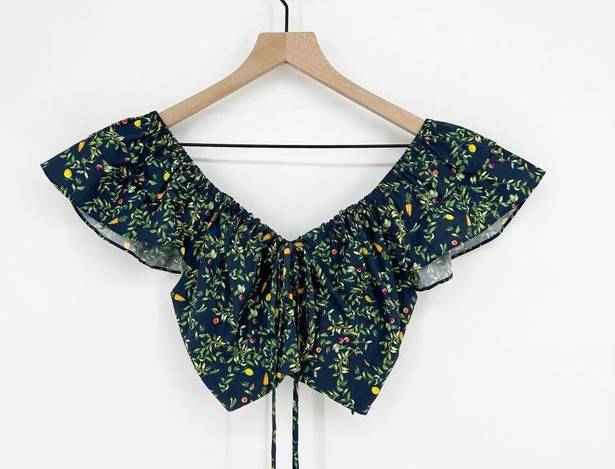 Hill House  Home The Alexa Top Cropped Floral Print V-Neck Navy Blue Green S