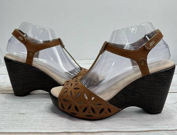 Jbu  Brown Vegan Leather Slingback T Stap Wedge Heel Size 8M