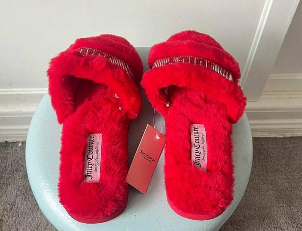 Juicy Couture fur slippers red silver rhinestone brand new y2k