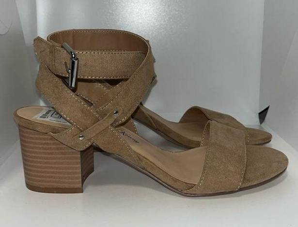 Penny Loves Kenny  Strappy Wrap Ankle Open Toe Heels Tan Microfiber Women’s 8