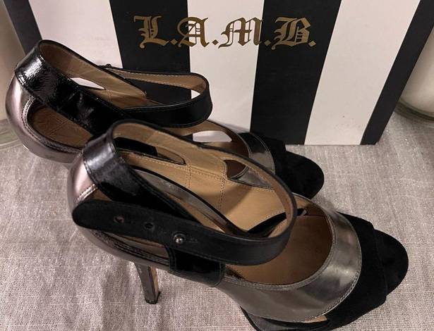 L.A.M.B. Gwen Stefani Platform Heels Blk/Gun Metal Strappy Shoes Sz 7 No Box