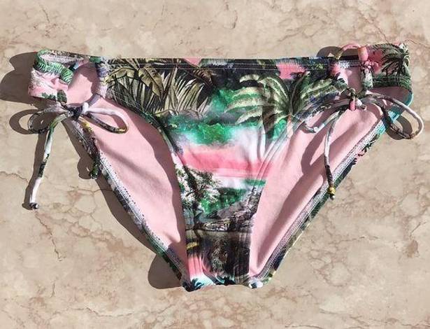 The Bikini Lab Pink and Green Tropical Print  Strappy Swim Bottoms