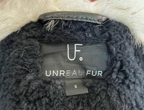 Unreal Fur Wet Look Aviator Biker Jacket Faux Leather & Fur Black Size Small NWT