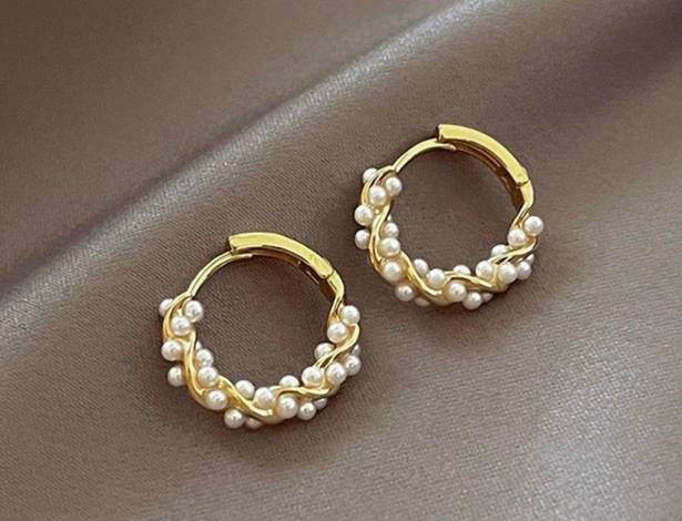 18K Gold Plated White Pearl Hoop Earrings for Women