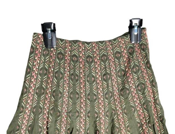 Silkland Olive Green Lined Skirt w Multicolored Embroidered Pattern Wm 6