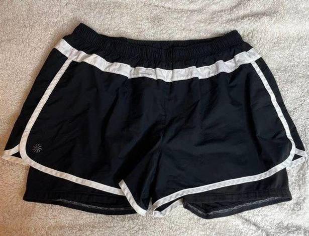 Athleta  Running Shorts Black White Large Elastic Waist Built In Under Shorts