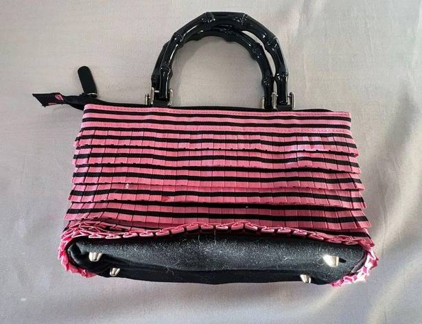 Sonoma Pink & Black Stripe Small Party Purse Black Bamboo Handles Handbag  See*