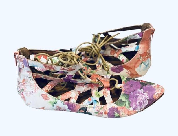 Bella Marie Multicolor Floral Lace Up Ballet Flats Shoes 8.5