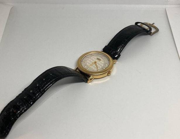 GUESS Woman’s gold plated quartz Japan mov  black leather band wrist watch!