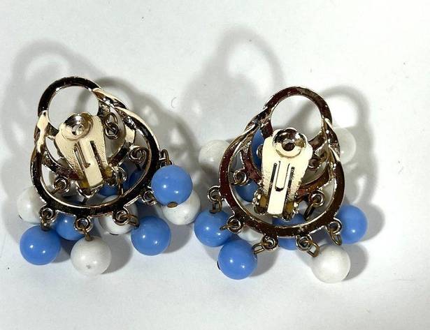 Vintage Blue  and White Beaded Earrings, Clipon Tiered Jewelry