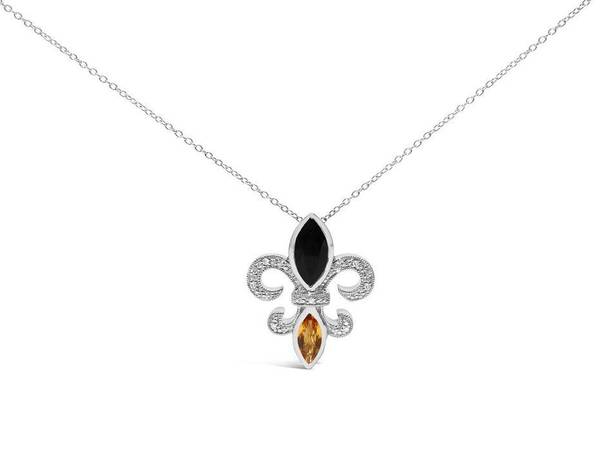 Onyx NIB .925 Silver Marquise  & Citrine & Diamond Fleur De Lis Pendant Necklace