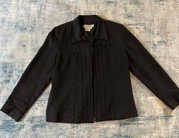 Vintage Blue  Ice Black Faux Micro Suede Embroidered Open Front Blazer Size 8