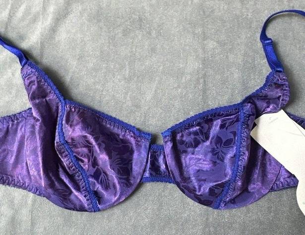 Second Skin Vintage New Adonna Floral Deluster Tulip Demi  Satin Bra 36C Purple