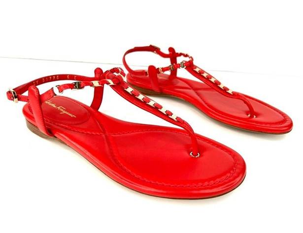 Salvatore Ferragamo  TAHITI CORAL LEATHER T-STRAP FLAT SANDALS SIZE 6