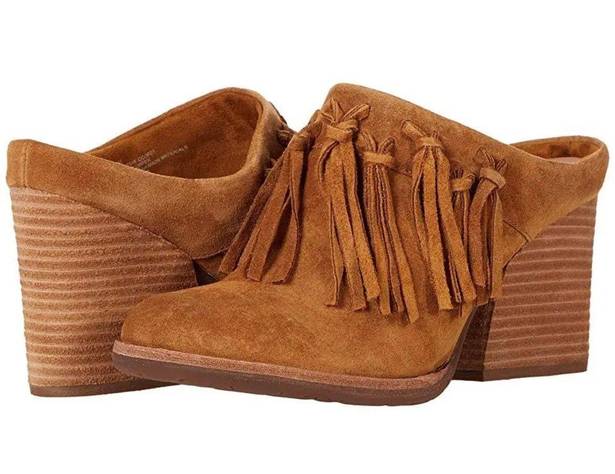 Kork-Ease Charly Fringe Block Heel Mule Booties in Tan Suede Size 6 NEW