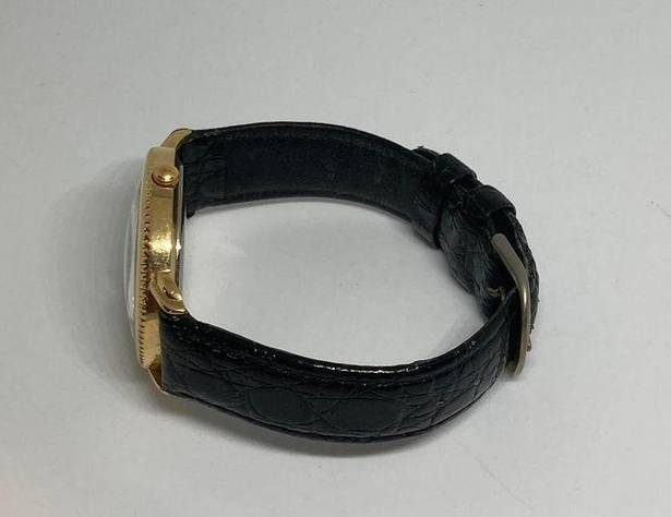 GUESS Woman’s gold plated quartz Japan mov  black leather band wrist watch!