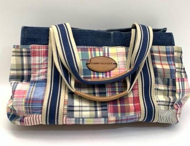 Tommy Hilfiger  Vintage Blue Canvas Denim Plaid Tote Bag