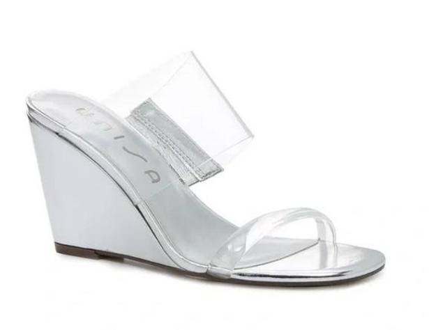 Unisa  Nietra Clear Lucite & Silver Wedge Slide Sandal, Sz 6