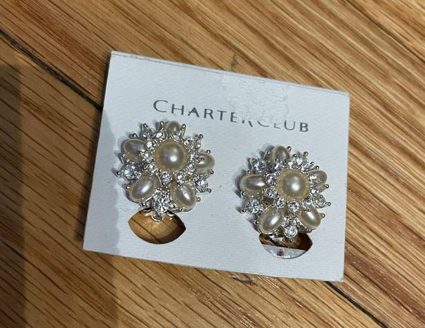 Charter Club Silver Tone Faux Pearl & Rhinestone Cluster Earrings Butterfly