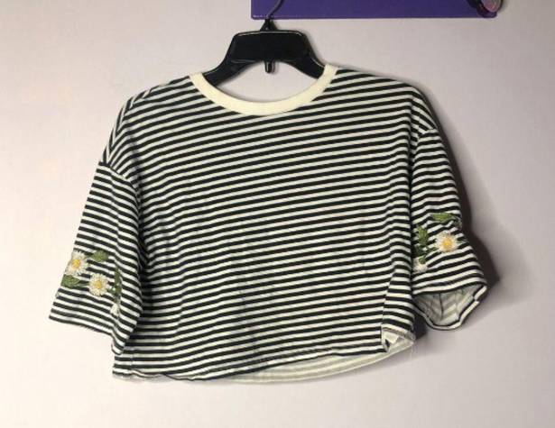 Divided Striped Embroidered Crop Top