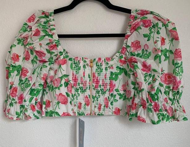 Hill House NWT  Home Puff Sleeve Floral Bow Crop Top in White/Pink